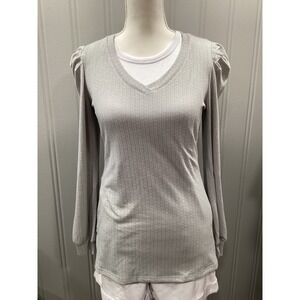 Blingfit Womens Grey V Neck Long Sleeve Puffed Sleeve Ribbed Knit Top Shirt